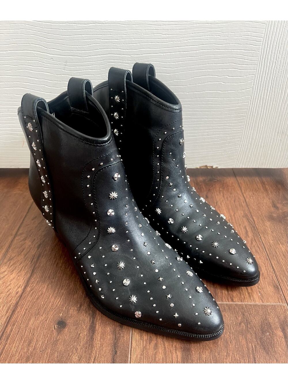 SAM EDELMAN Brian Black Leather Silver Stud Western Ankle Bootie Boots Sz 8.5